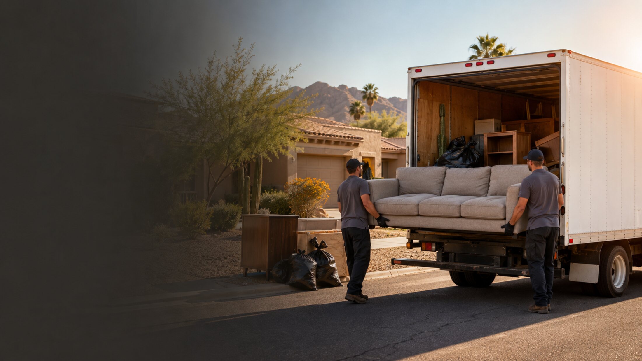 Junk removal crew loading a clean truck in an Arizona neighborhood